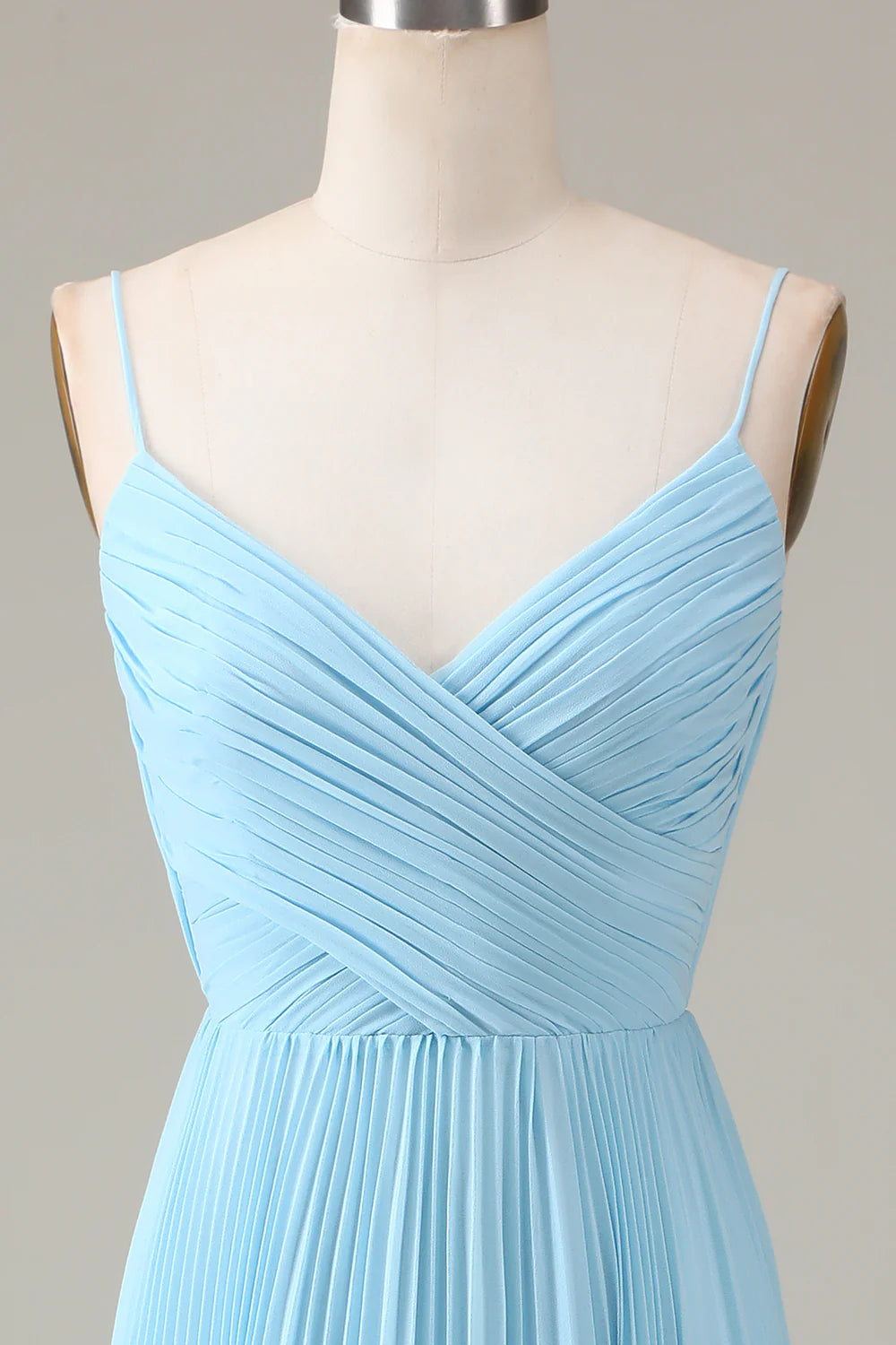 Sky Blue Spaghetti Straps V-neck A-line Pleated Chiffon Bridesmaid Dress