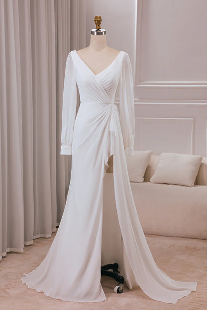 Ivory V-neck Long Sleeves A-line Chiffon Bridal Dress