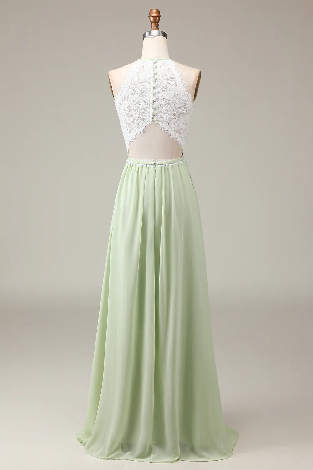 Dusty Sage Halter Neck Lace and Chiffon A-line Floor Length Bridesmaid Dress