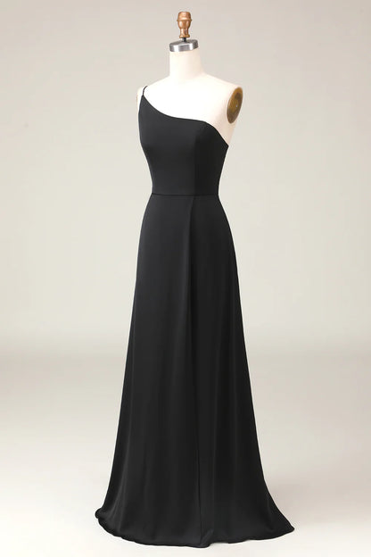 Black A-line Chiffon One Shoulder Floor Length Bridesmaid Dress