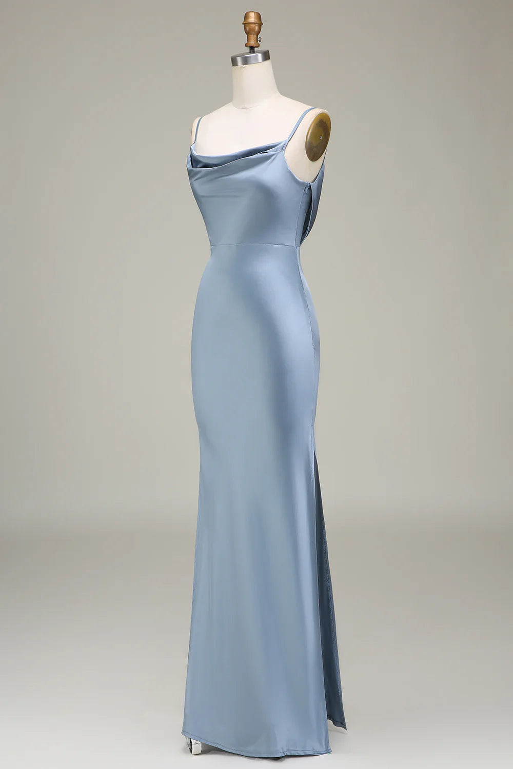 Dusty Blue Sheath Spaghetti Straps Satin Long Bridesmaid Dress