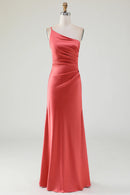 Terracotta Sheath One Shoulder Floor-Length Pleated Satin Bridesmaid Dress