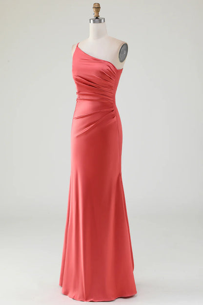 Terracotta Sheath One Shoulder Floor-Length Pleated Satin Bridesmaid Dress