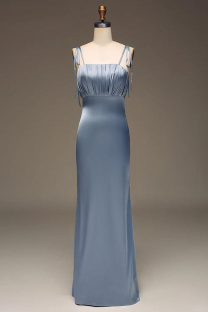 Dusty Blue Spaghetti Straps Sheath Satin Pleated Bridesmaid Dress