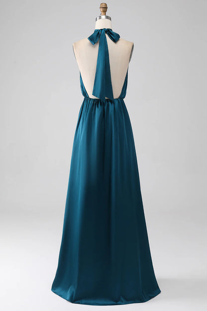 Peacock A-Line Halter Neck Long Bridesmaid Dress with Slit