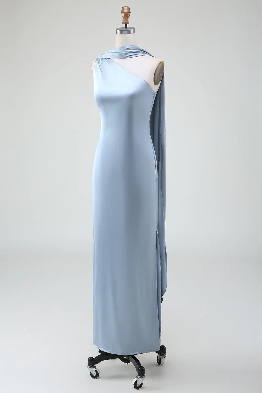 Blue Sheath One Shoulder Satin Long Bridesmaid Dress