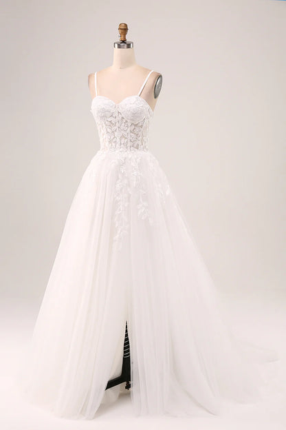 Ivory A-Line Spaghetti Straps Corset Lace Tulle Long Wedding Dress