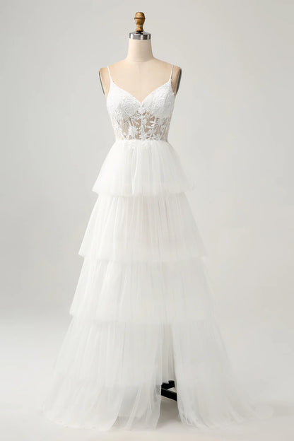 Ivory A-Line Tulle Tiered Corset Long Wedding Dress with Slit