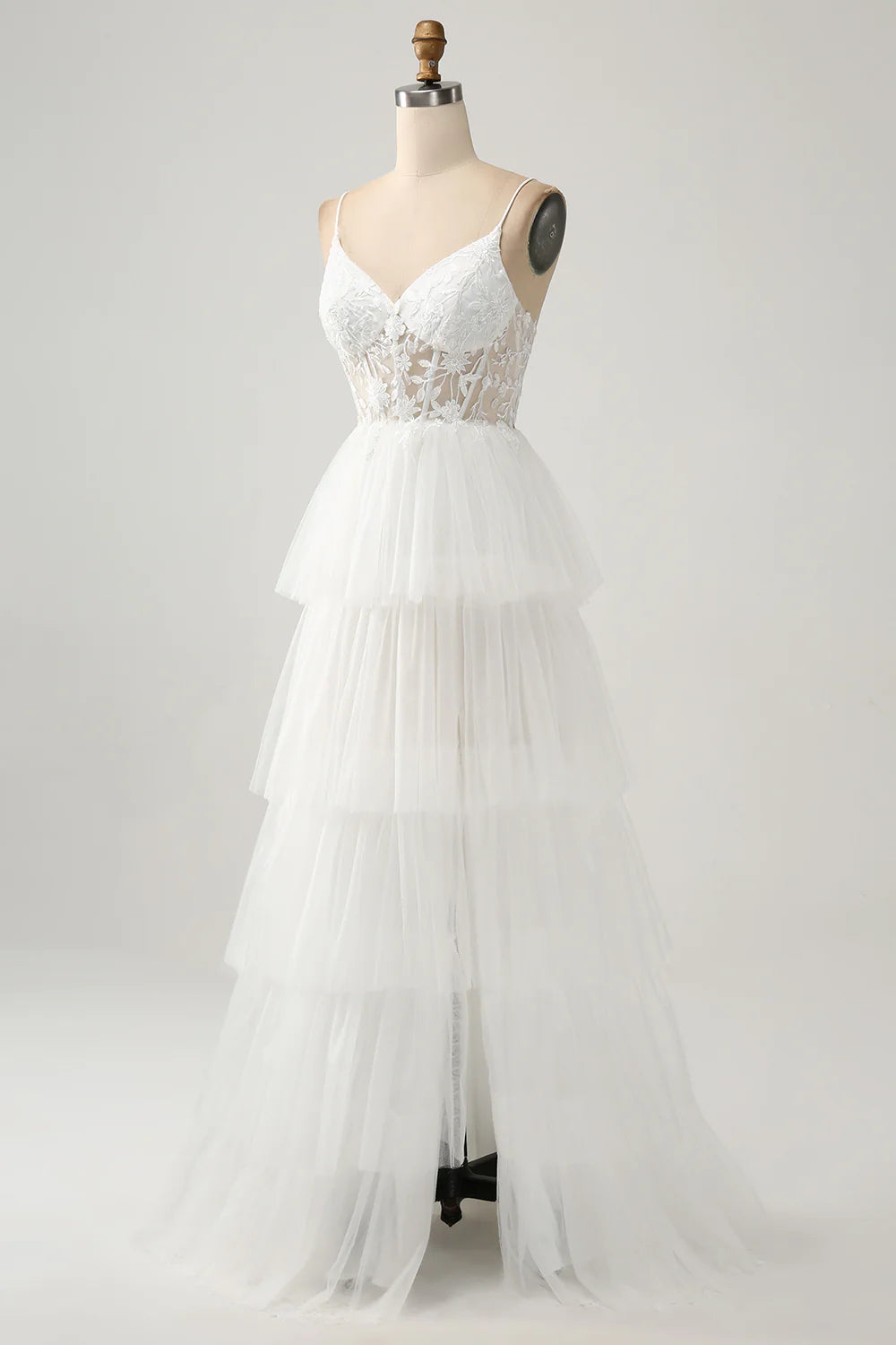 Ivory A-Line Tulle Tiered Corset Long Wedding Dress with Slit