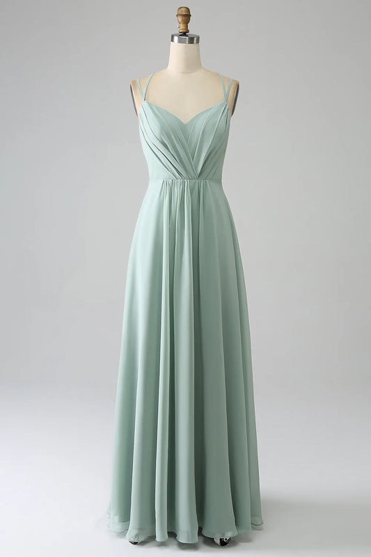 Matcha A-Line Spaghetti Straps Backless Pleated Long Bridesmaid Dress