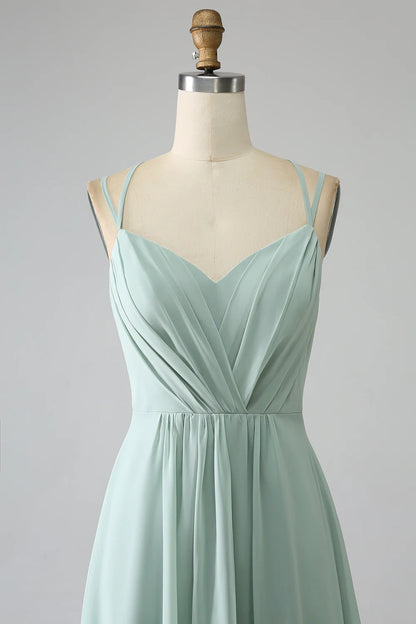 Matcha A-Line Spaghetti Straps Backless Pleated Long Bridesmaid Dress