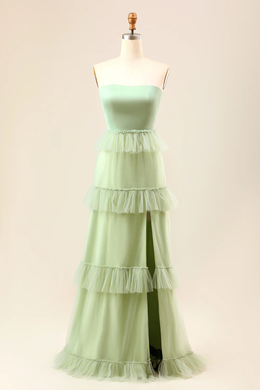 A-Line Strapless Matcha Tiered Long Bridesmaid Dress with Ruffles