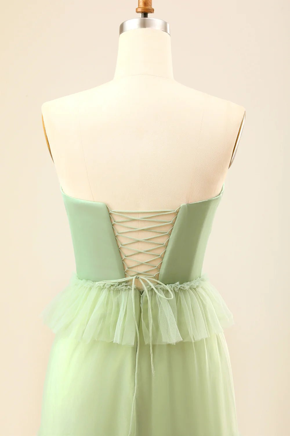 A-Line Strapless Matcha Tiered Long Bridesmaid Dress with Ruffles