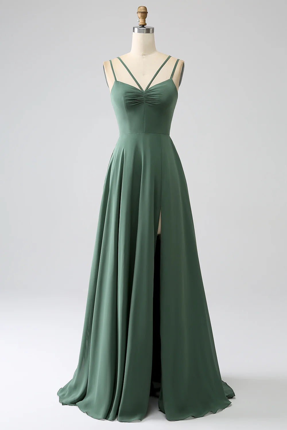 Eucalyptus A-Line Spaghetti Straps Backless Pleated Long Bridesmaid Dress