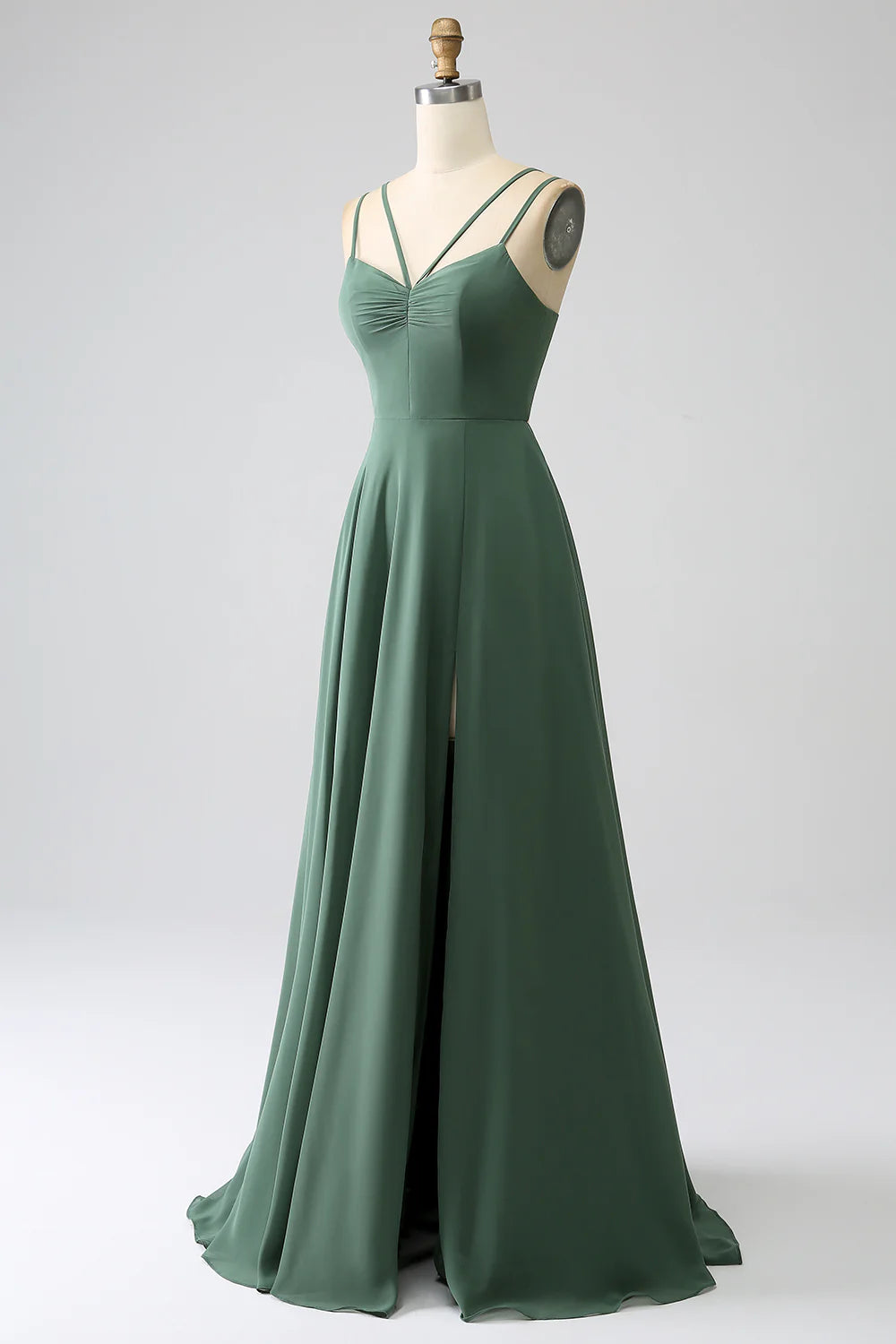 Eucalyptus A-Line Spaghetti Straps Backless Pleated Long Bridesmaid Dress