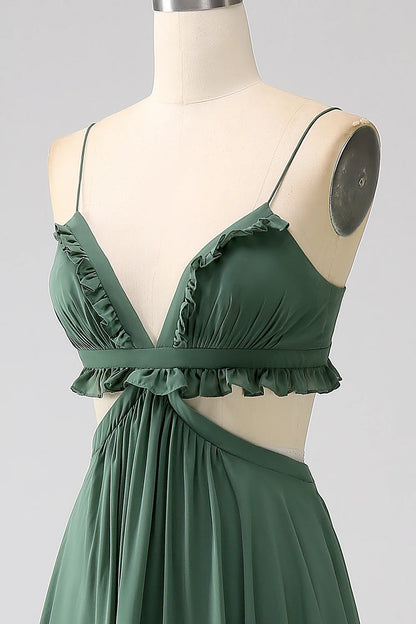 Spaghetti Straps Ruffles Green Hollow-out Long Bridesmaid Dress