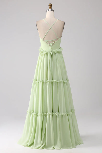 Ruffles A Line Green Bridesmaid Dress with Lace-up Back