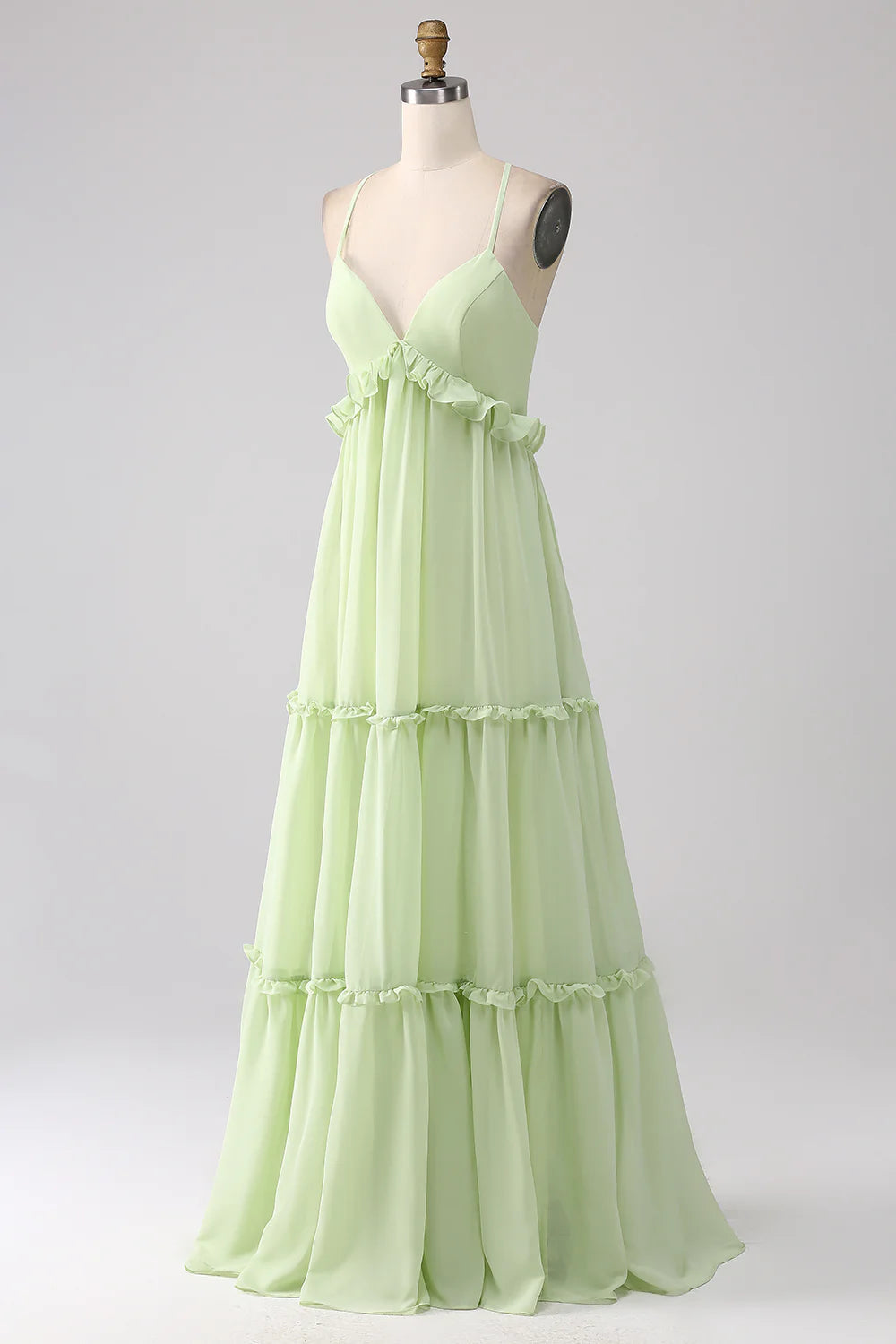 Ruffles A Line Green Bridesmaid Dress with Lace-up Back