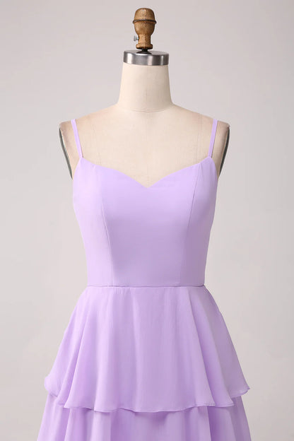 A Line Spaghetti Straps Tiered Chiffon Lilac Bridesmaid Dress with Slit