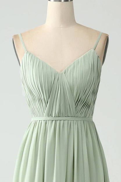 A-Line Dusty Sage Chiffon Spaghetti Straps Long Bridesmaid Dress with Slit