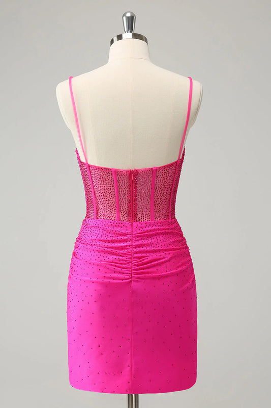 Fuchsia Bodycon Spaghetti Straps Ruched Short Homecoming Dress with Beading