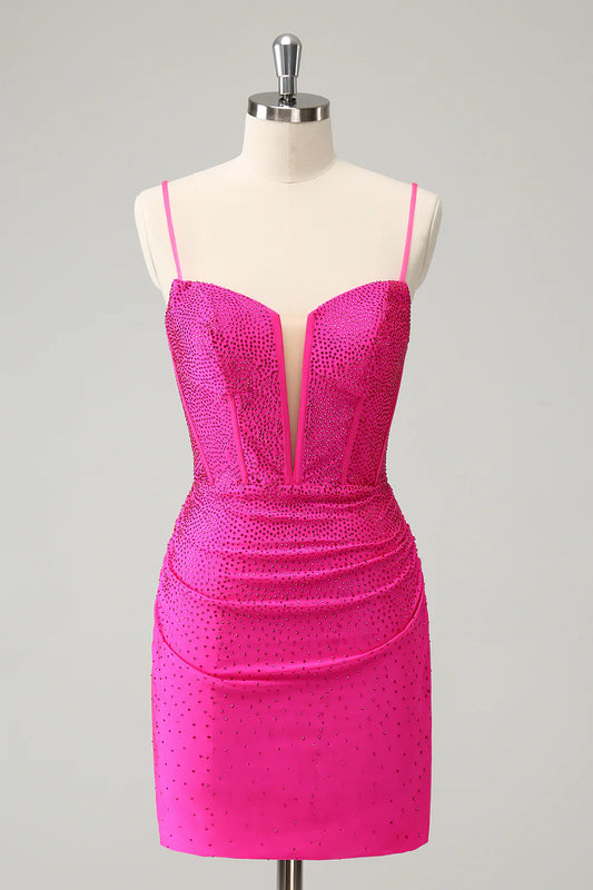 Fuchsia Bodycon Spaghetti Straps Ruched Short Homecoming Dress with Beading