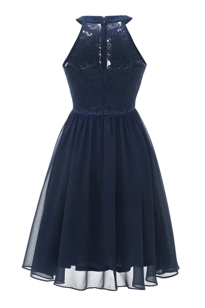 A Line Halter Neck Navy Lace Dress