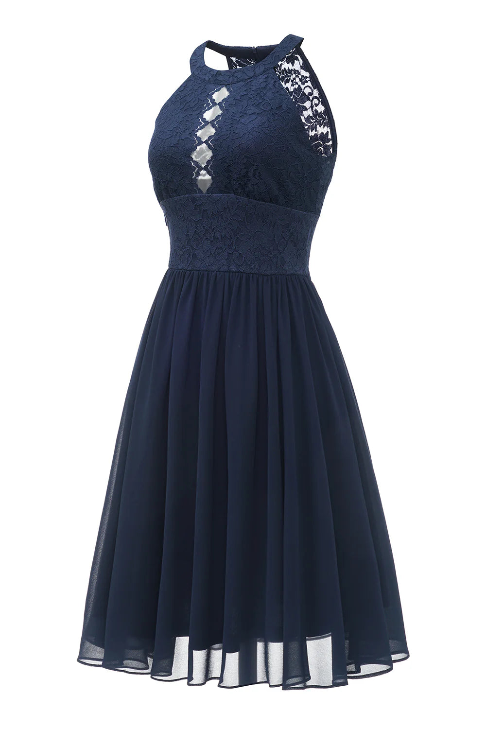 A Line Halter Neck Navy Lace Dress