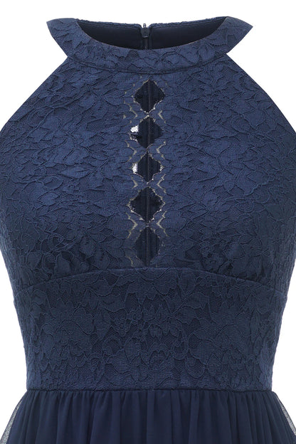 A Line Halter Neck Navy Lace Dress