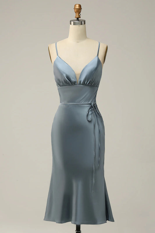 Spaghetti Straps Satin Blue Bridesmaid Dress