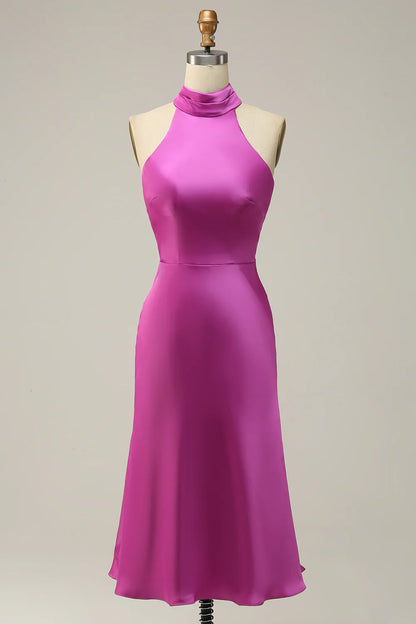 Halter Satin Fuchsia Bridesmaid Dress