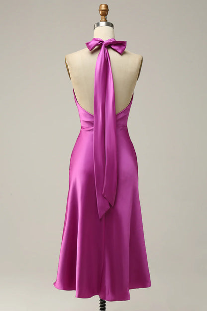 Halter Satin Fuchsia Bridesmaid Dress