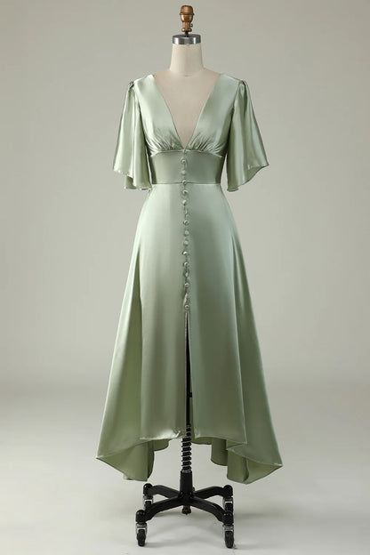 A Line Deep V Neck Light Green Bridesmaid Dress with Half Sleeves