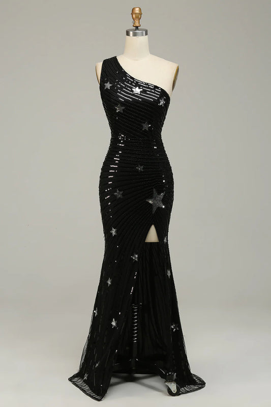 Sequins Mermaid One Shoulder Black Long Prom Dress with Star