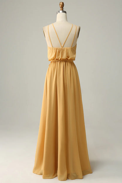 A Line Halter Yellow Long Bridesmaid Dress with Bowknot