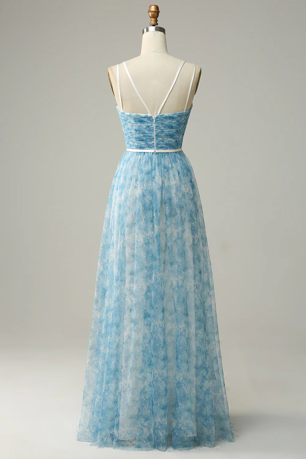 Blue Printed A-Line Tulle Long Bridesmaid Dress