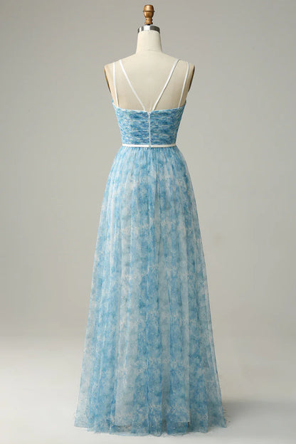 Blue Printed A-Line Tulle Long Bridesmaid Dress