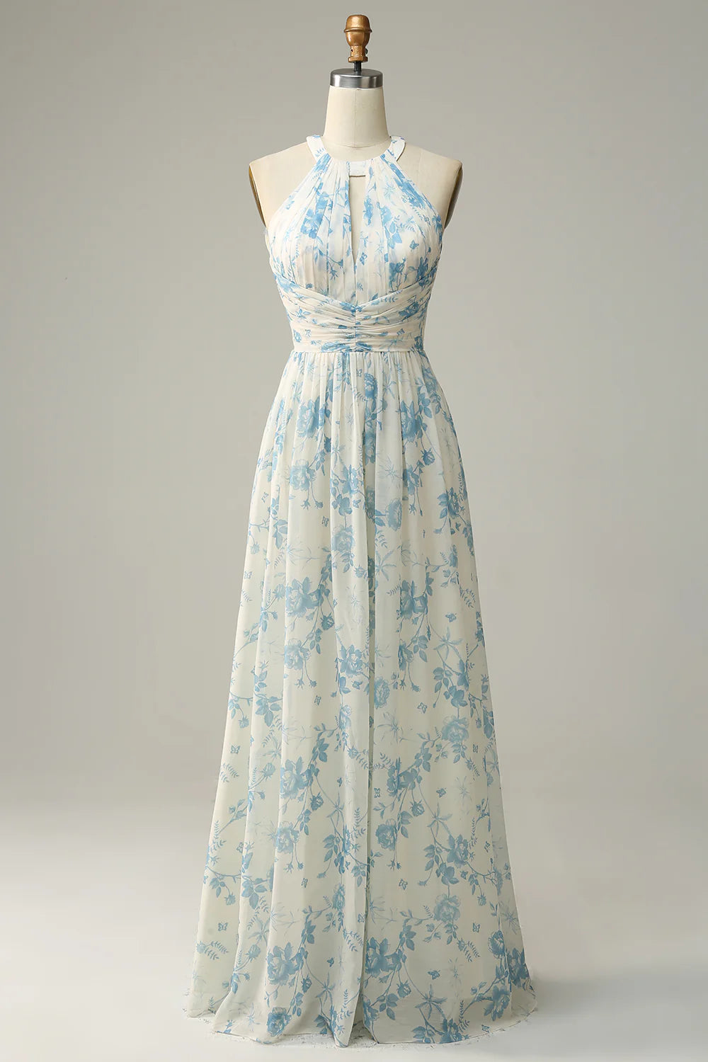 Blue Floral Boho Long Chiffon Bridesmaid Dress