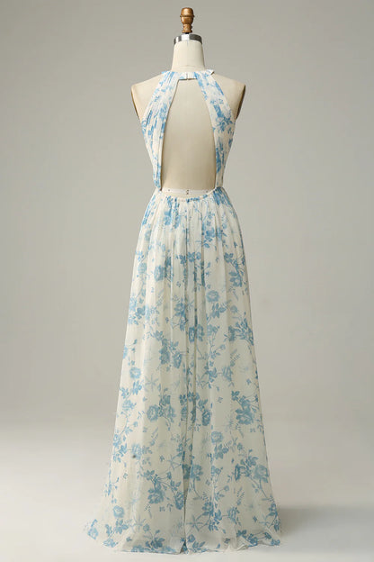 Blue Floral Boho Long Chiffon Bridesmaid Dress