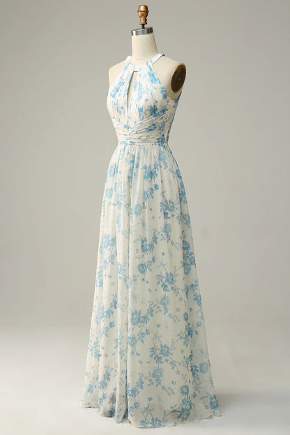 Blue Floral Boho Long Chiffon Bridesmaid Dress