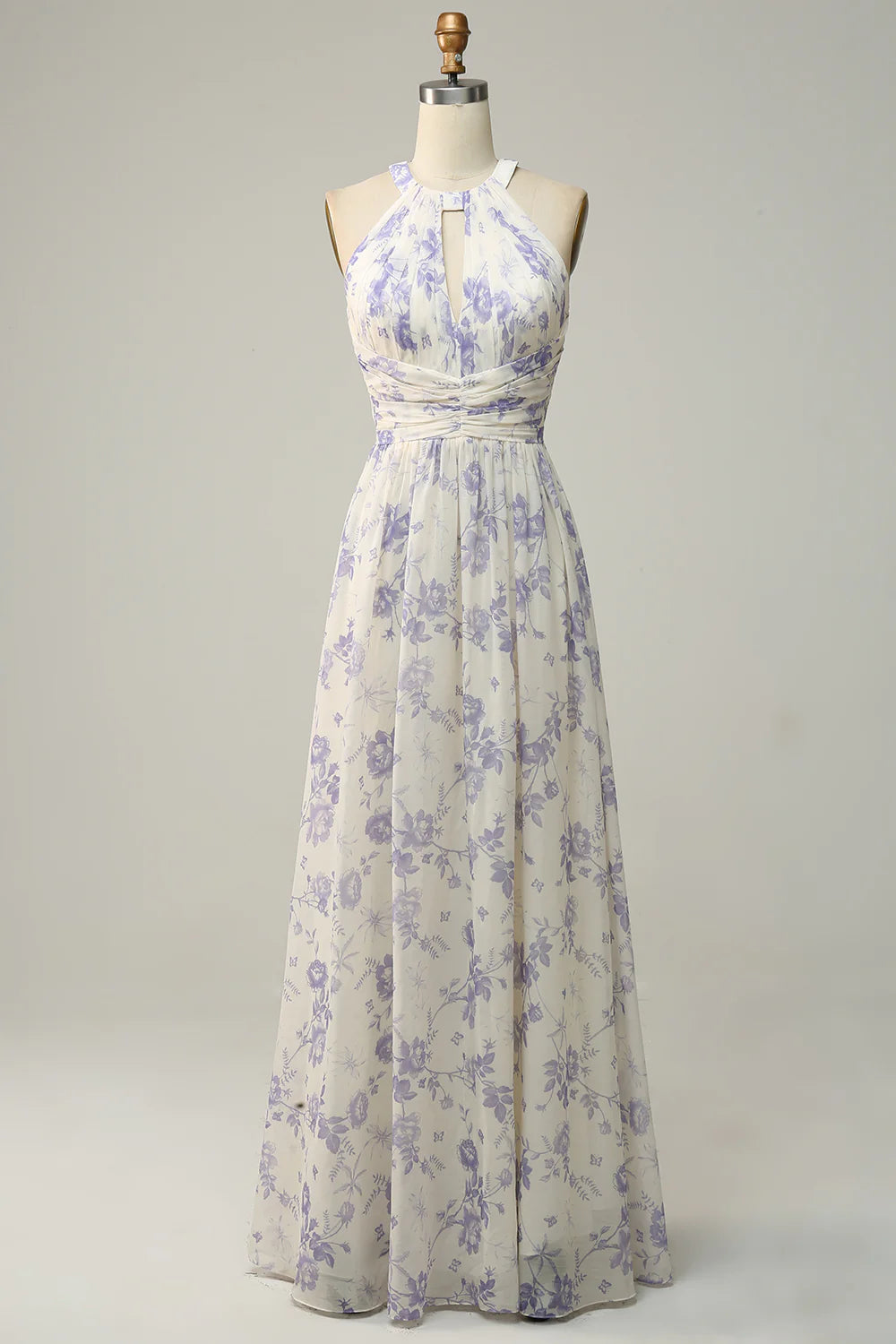 Blue Floral Boho Long Chiffon Bridesmaid Dress