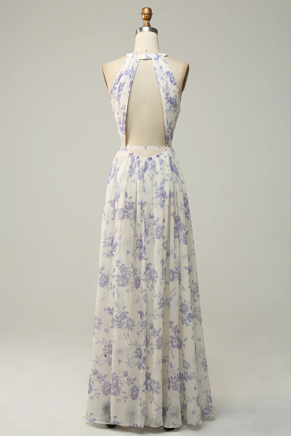 Blue Floral Boho Long Chiffon Bridesmaid Dress