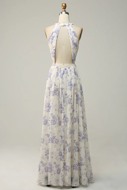 Blue Floral Boho Long Chiffon Bridesmaid Dress