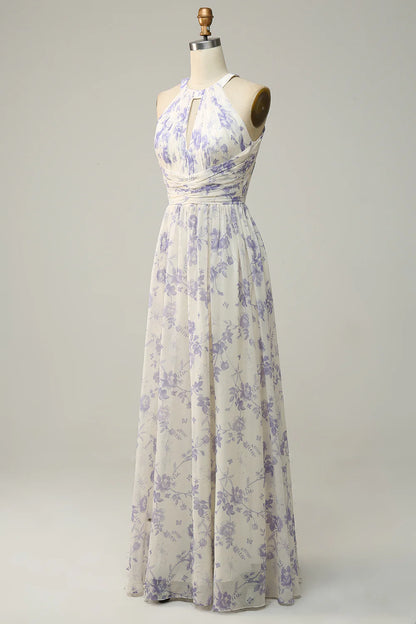 Blue Floral Boho Long Chiffon Bridesmaid Dress