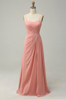 A Line Spaghetti Straps Blush Long Bridesmaid Dress