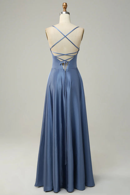 Grey Blue Halter A Line Long Bridesmaid Dress