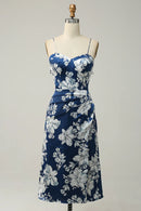 Ink Blue Floral Tea-Length Bridesmaid Dress