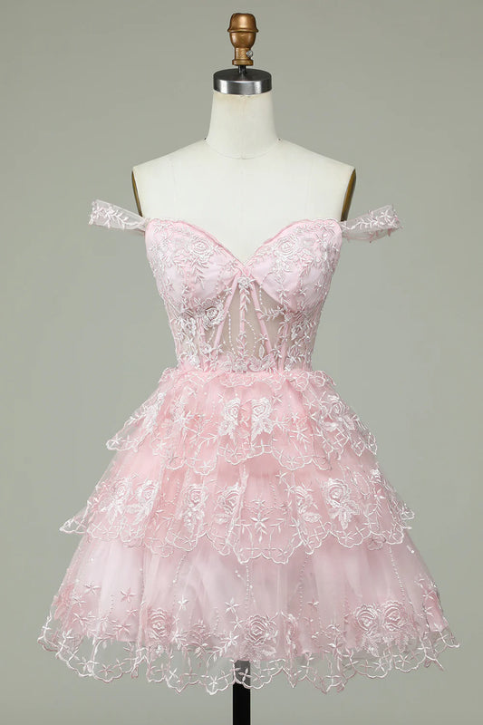 Cute A Line Off the Shoulder Pink Corset Homecoming Dress with Lace