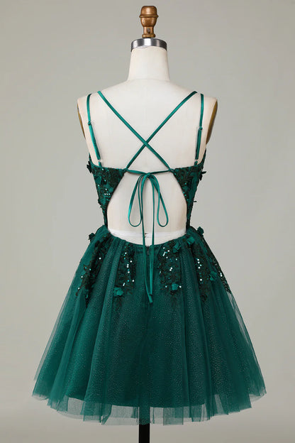 Stylish A Line Spaghetti Straps Dark Green Short Homecoming Dress with Appliques Beading