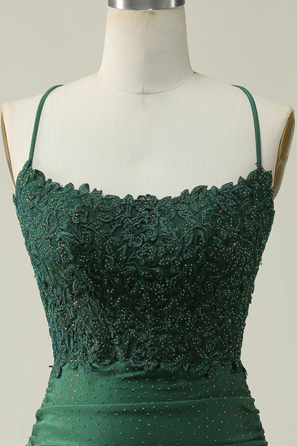 Sheath Spaghetti Straps Dark Green Short Homecoming Dress with Appliques